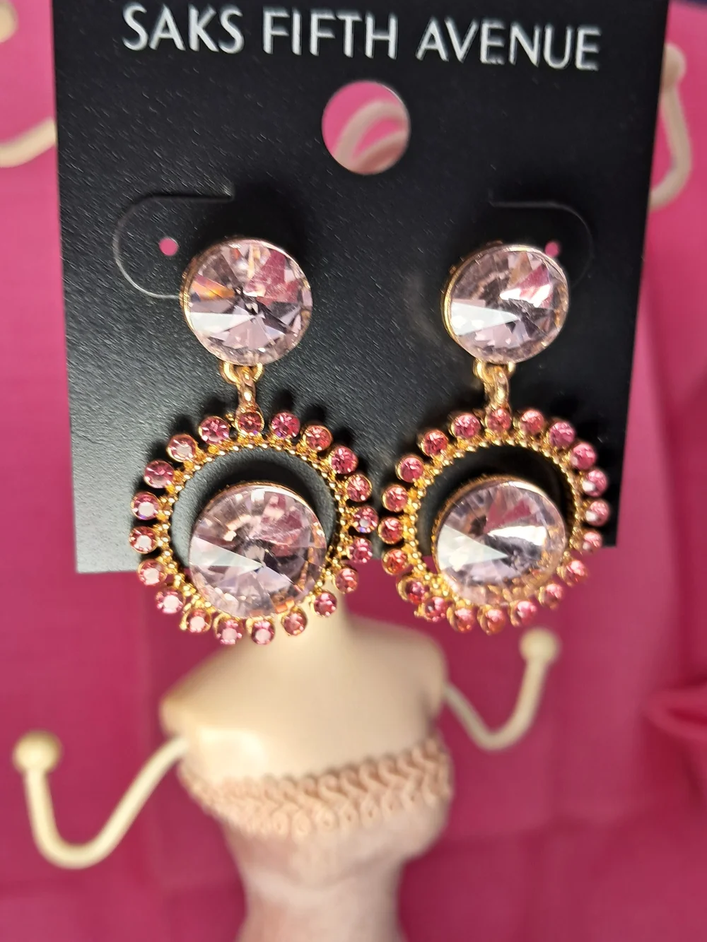 NWT Saks Fifth Avenue Pink Rhinestone Drop Earrings (Goldtone)